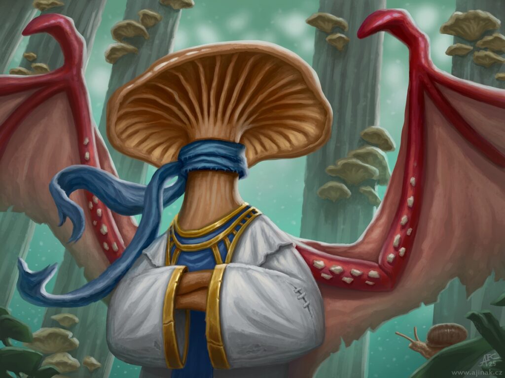 Inspirováno náhodnými slovy: Grazia, the blindfold fungal priest with demon wings
